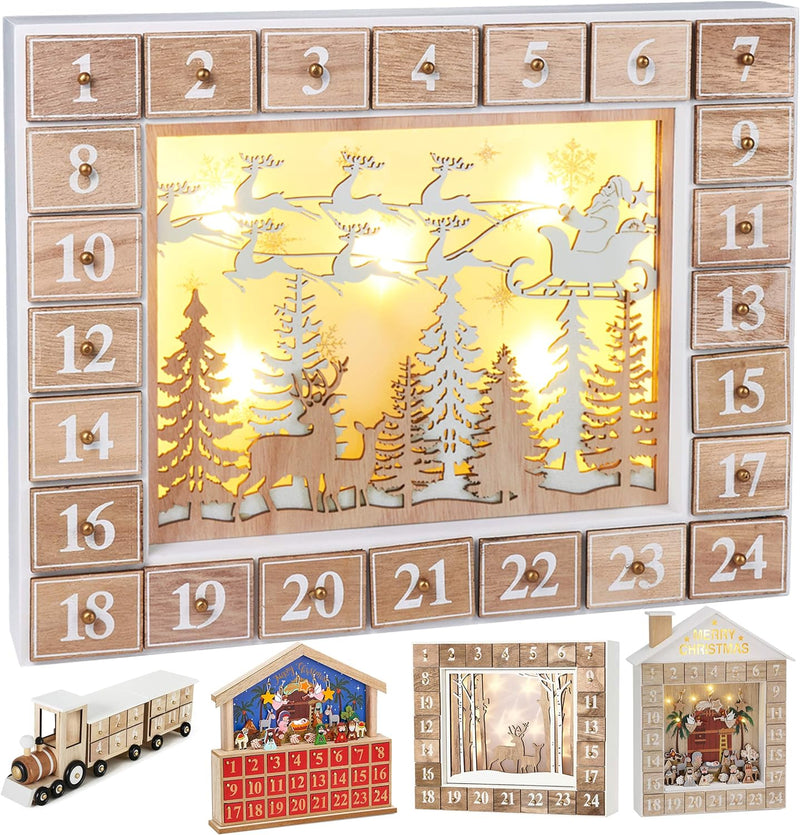 BRUBAKER Adventskalender aus Holz zum Befüllen - Fliegender Weihnachtsmann mit LED-Beleuchtung - Wie