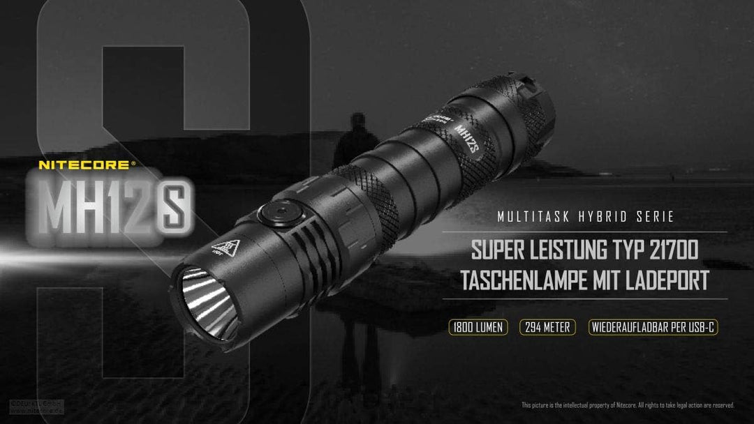 NITECORE LED Taschenlampe MH12S - Leuchtleistung max. 1.800 Lumen - 141 mm lang - Per USB-C aufladba