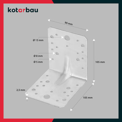 KOTARBAU® 25 Stk. Winkelverbinder 105x105x90 mm mit Rippe Sicke Lochwinkel Bauwinkel Holzverbinder B