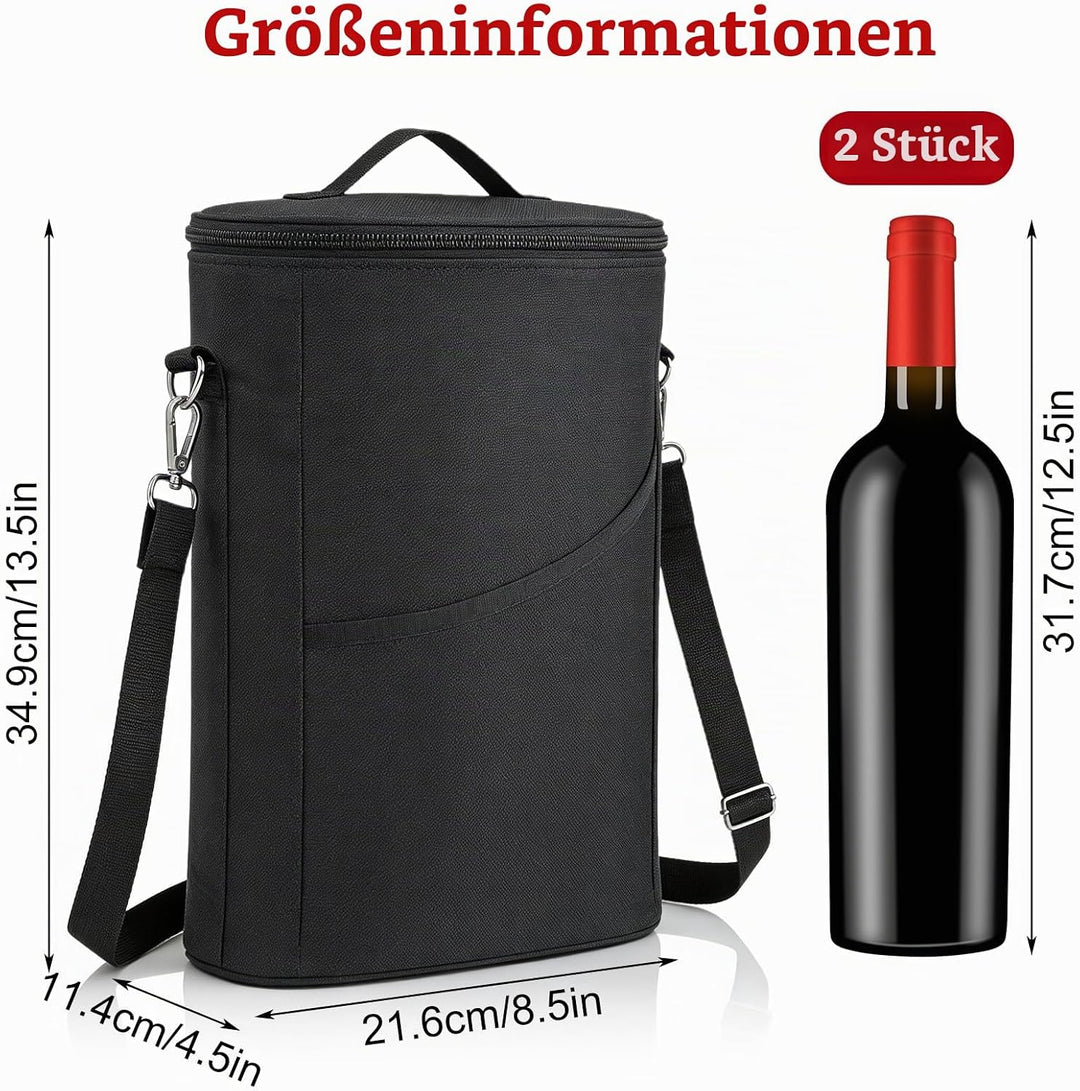 Weinkühltasche für 2 Flaschen, Grosse Kühltasche, Tragbarer Wein-Eisbeutel mit Gurt, Tragbare Flasch
