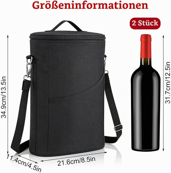 Weinkühltasche für 2 Flaschen, Grosse Kühltasche, Tragbarer Wein-Eisbeutel mit Gurt, Tragbare Flasch