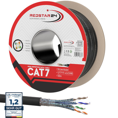 RedStar24 100m Cat7 Erdkabel Verlegekabel Outdoor Lan Kabel Installationskabel Schwarz AWG23/1 CAT 7
