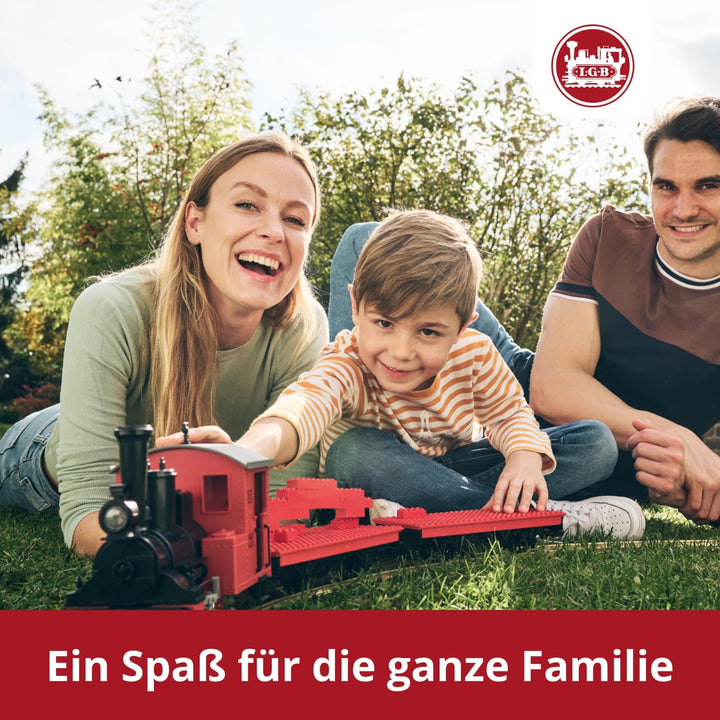 LGB – 90463 Gartenbahn Starterset Klemmbausteinzug mit Lokomotive und zwei Waggons, Outdoor-Eisenbah
