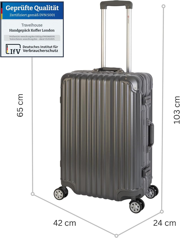 Travelhouse London Koffer Grau M-65cm · Alu-Rahmen · Polykarbonat Hartschale · Trolley Reisekoffer R