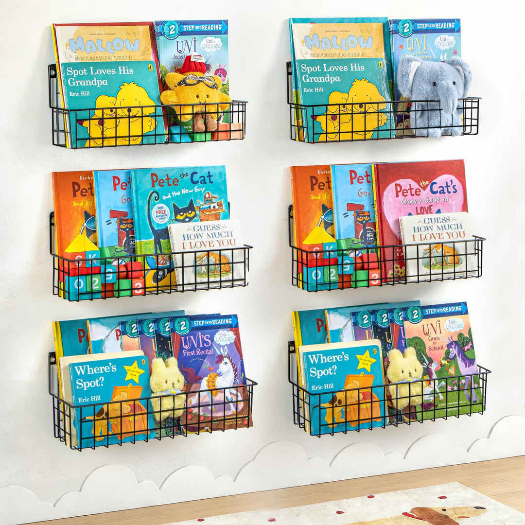 PUERSI 6er-Set Bücherregal Kinder Wand, Metall Wandregal Bücher, Hängend Regal für Kinderzimmer Aufb