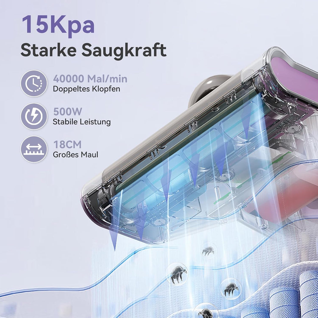Milbensauger für Matratzen, Milbensauger mit UV-Licht 15Kpa Starke Absaugung, 500W Milbenstaubsauger