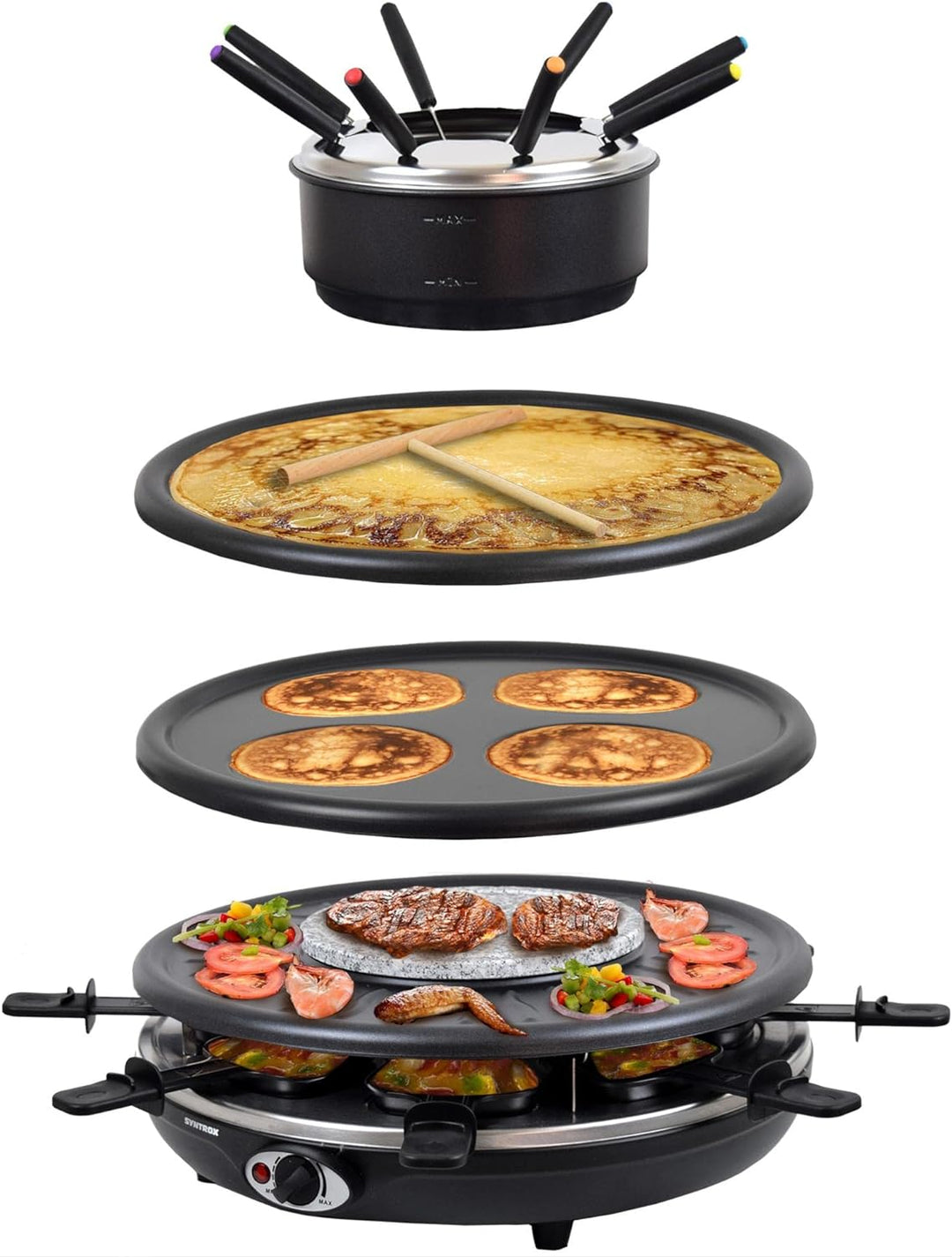 Syntrox Germany RAC-1350W-Waadt 4 in 1 Raclette Grill Fondue Heisser Stein für 8 Personen, Edelstahl