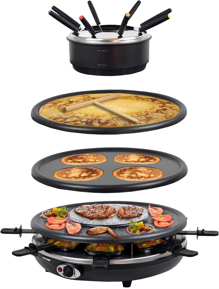 Syntrox Germany RAC-1350W-Waadt 4 in 1 Raclette Grill Fondue Heisser Stein für 8 Personen, Edelstahl
