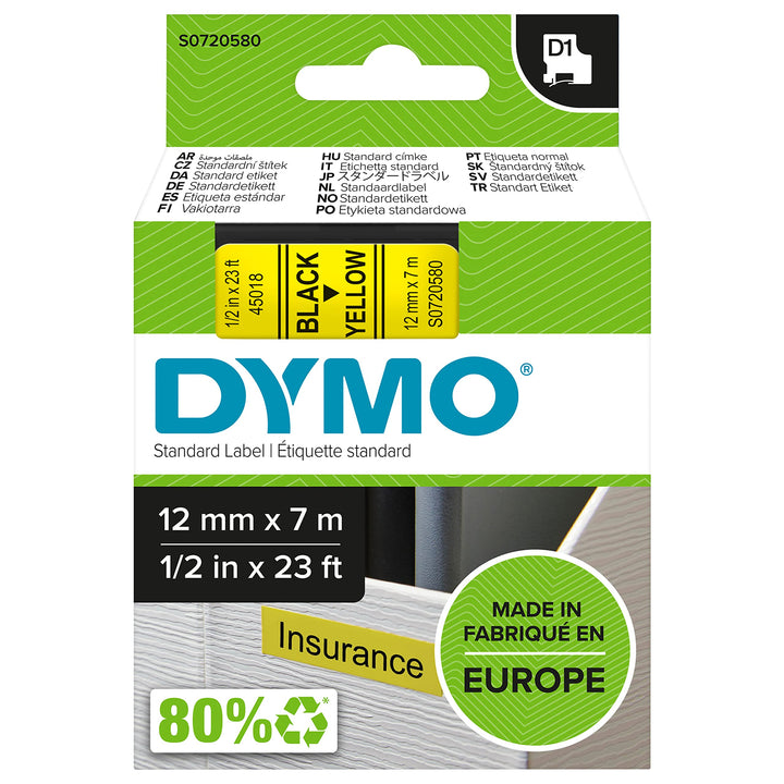 DYMO Original D1-Etikettenband | schwarz auf gelb | 12 mm x 7 m | selbstklebendes Schriftband | für