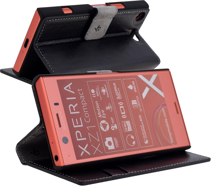 Suncase Book-Style für Sony Xperia XZ1 Compact (Slim-Fit) Ledertasche Leder Tasche Handytasche Schut