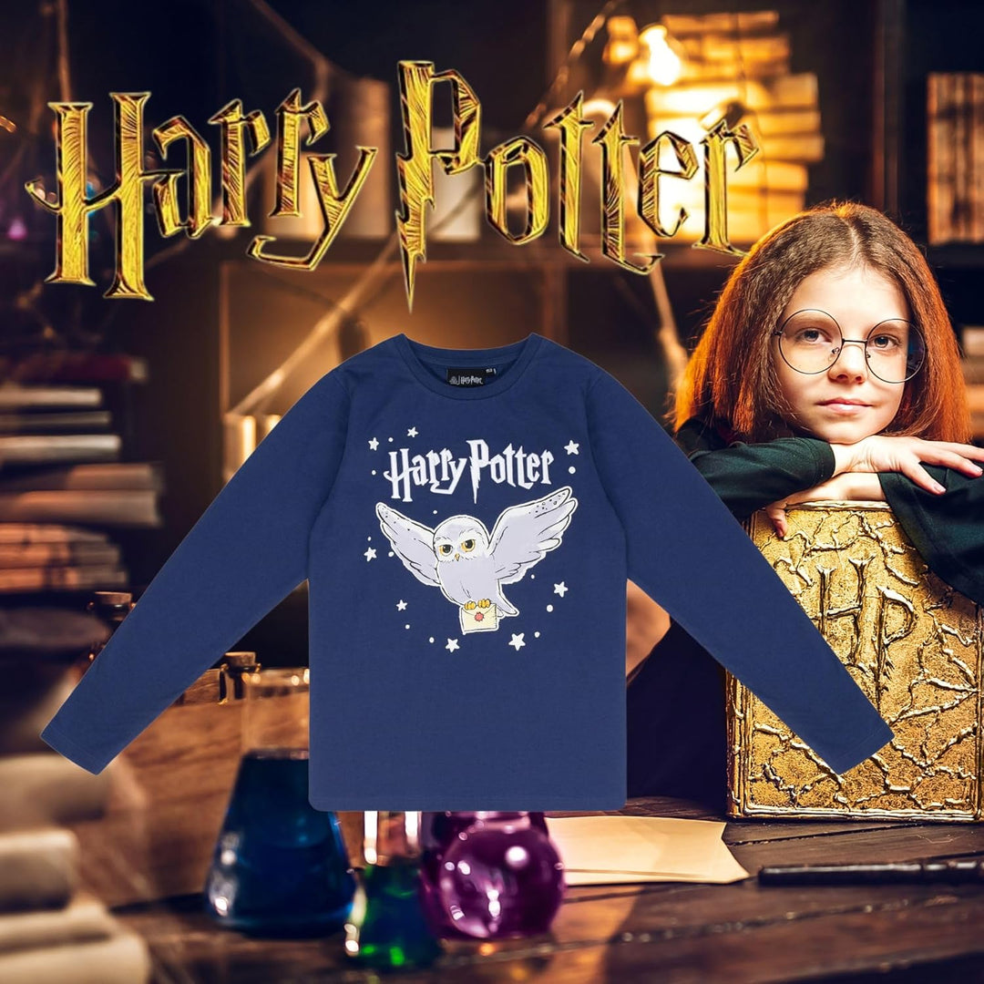 Harry Potter Mädchen Pullover Hogwarts Langarmshirt - T-Shirt mit Hedwig Design - 100% Baumwolle - B