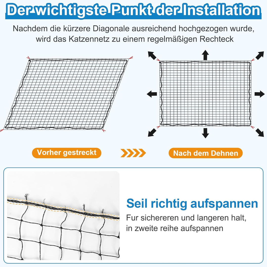 Aystkniet katzennetz für Balkon, 8 x 3 m Katzennetz Drahtverstärkt Schwarz mit 25M Befestigungsseil