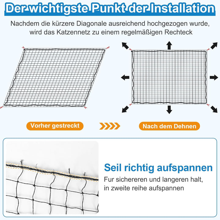 Aystkniet katzennetz für Balkon, 8 x 3 m Katzennetz Drahtverstärkt Schwarz mit 25M Befestigungsseil