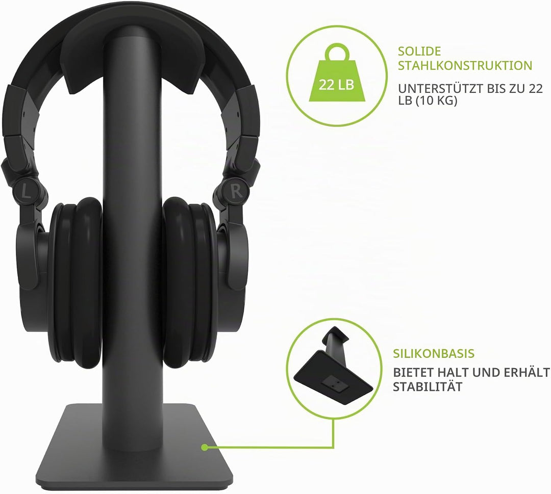 Kanto H2 Desktop Headphone Stand | Supports 10 kg | Curved Silicone Design Prevents Indents | Black,