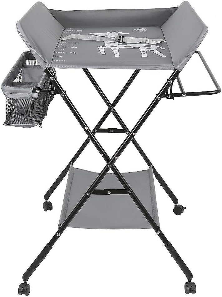 Wickeltisch klappbar, Wickelkommode mit Auflage, platzsparend & mobilSicherheitsgurt und 4 Rollen mi