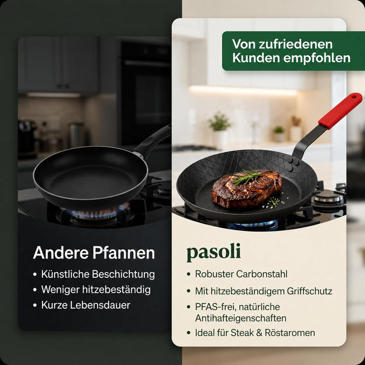 pasoli Steak-Pfanne aus Carbonstahl, voreingebrannt (mit Griffschutz) Steak-Pfanne mit Griffschutz,
