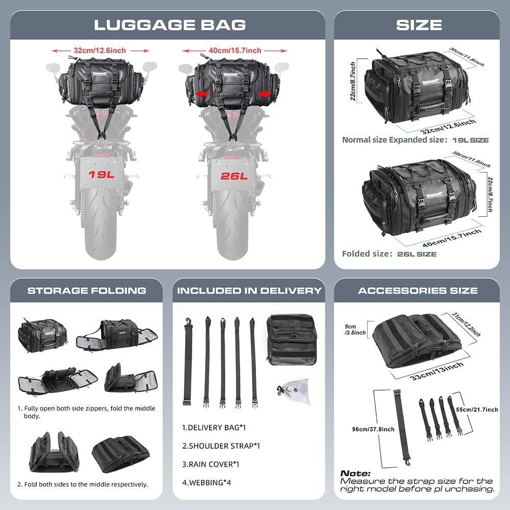 Rhinowalk Motorrad Hecktasche, wasserdichte Allwetter-/Kofferraum-/Gepäcktasche mit Sissy-Bar-Gurt,1
