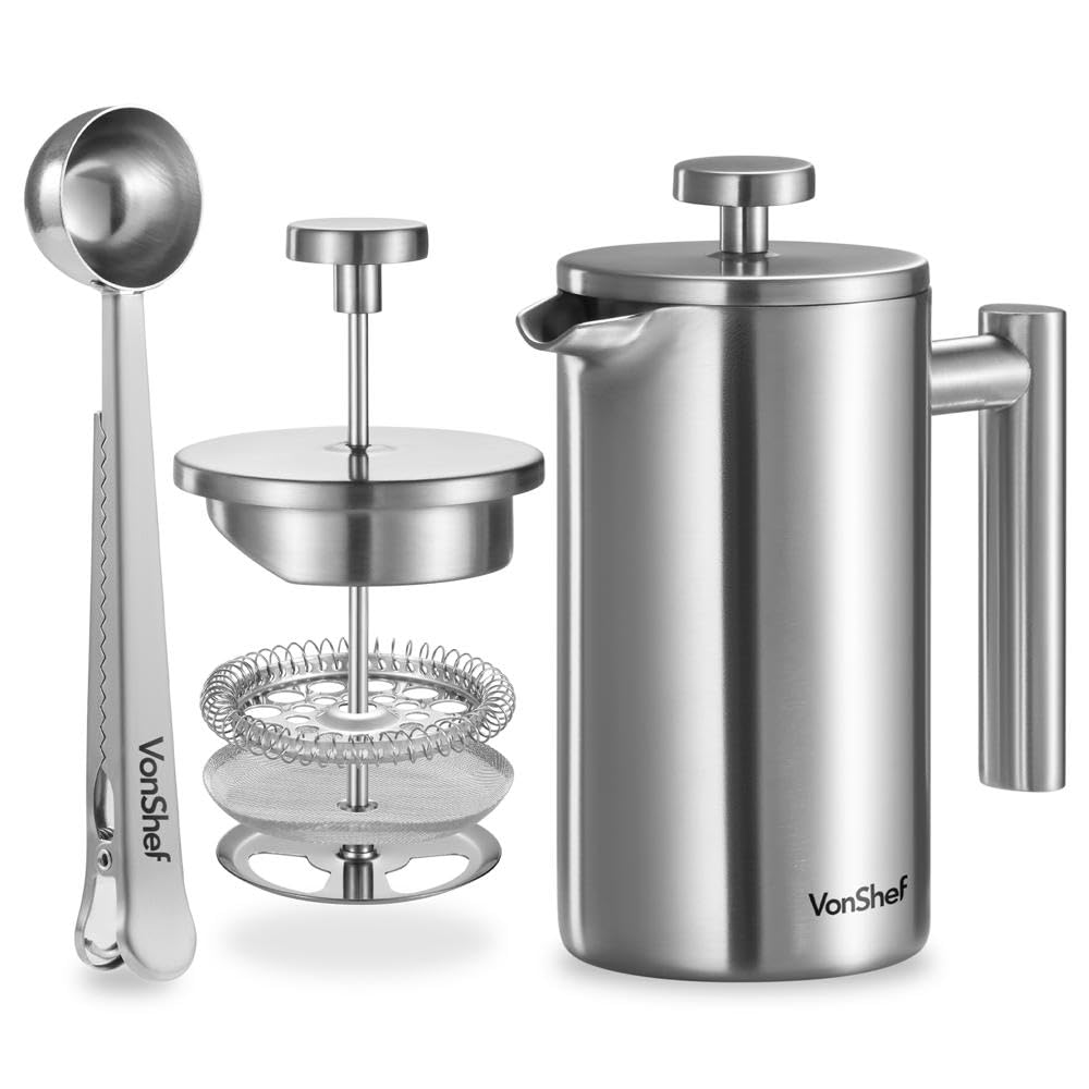 VonShef Edelstahl French Press für 3 Tassen, 350 ml – Doppelwandiger Kaffeebereiter mit Messlöffel/B