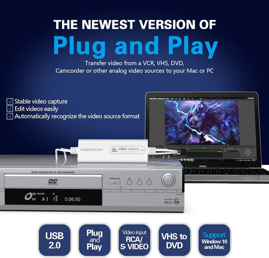 DIGITNOW! USB 2.0 Video Capture Card,VHS VCR TV zu DVD Converter,Unterstützung für Mac OS X PC Windo