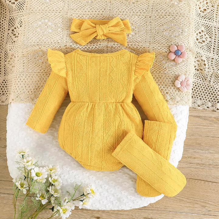 Kunyeah 3Pcs Baby Mädchen Outfits Kleinkind Ruffle Strampler Langarm Bodysuit+Bow Haarband+Socken Ne