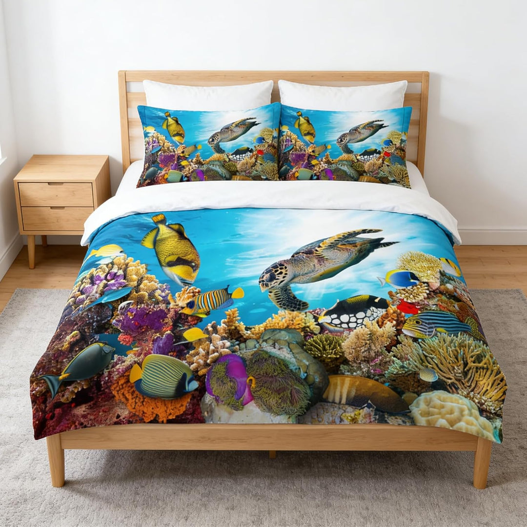 EHAOKK 3D Meer Tier Bettwäsche Set,Delfin,Tropischer Fisch,Korallen,Meeresleben Bettbezug,Blaue Unte