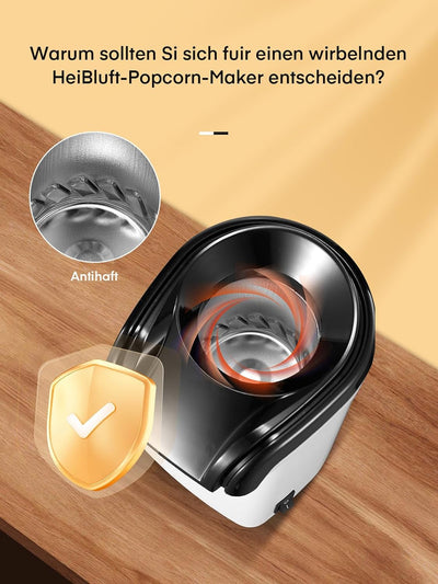 HOUSNAT Popcornmaschine, 1200W Heissluft Popcorn Maker ohne Öl, 2 Minuten Schnell Produktion, für Zu