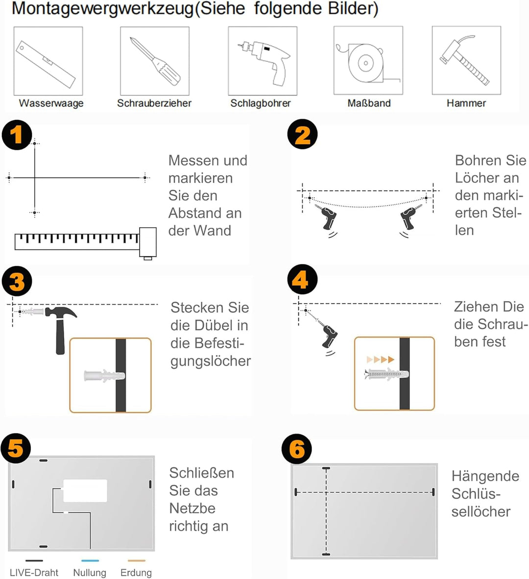Badspiegel Mit Beleuchtung, 80L x 60B cm - Badezimmerspiegel Mit Beleuchtung, Stufenlose Dimmung, 3-
