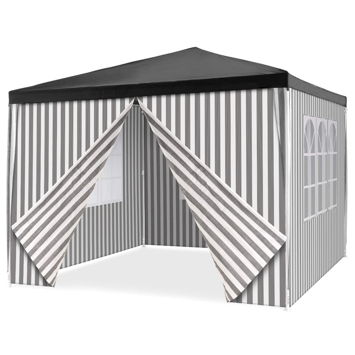 Pavillon 3x3 m in anthrazit weiss gestreift PE Plane 100g/m² + 4 Seitenteile 3 mit Fenster Partyzelt