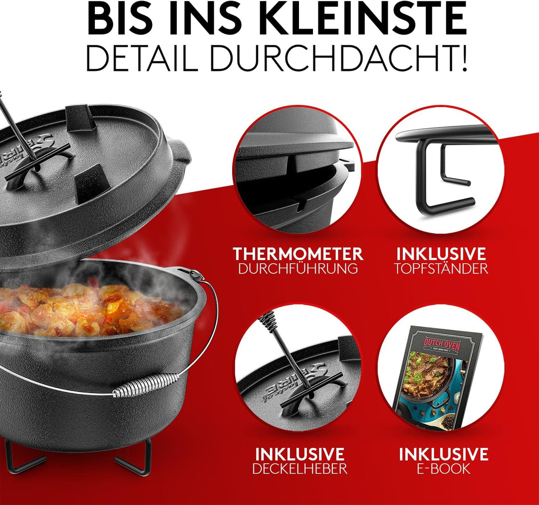 BBQ Dutch Oven [Das Original] - 10,8 Liter Dutch Oven Set mit Topfständer & 2,2 Liter Deckel mit Dop