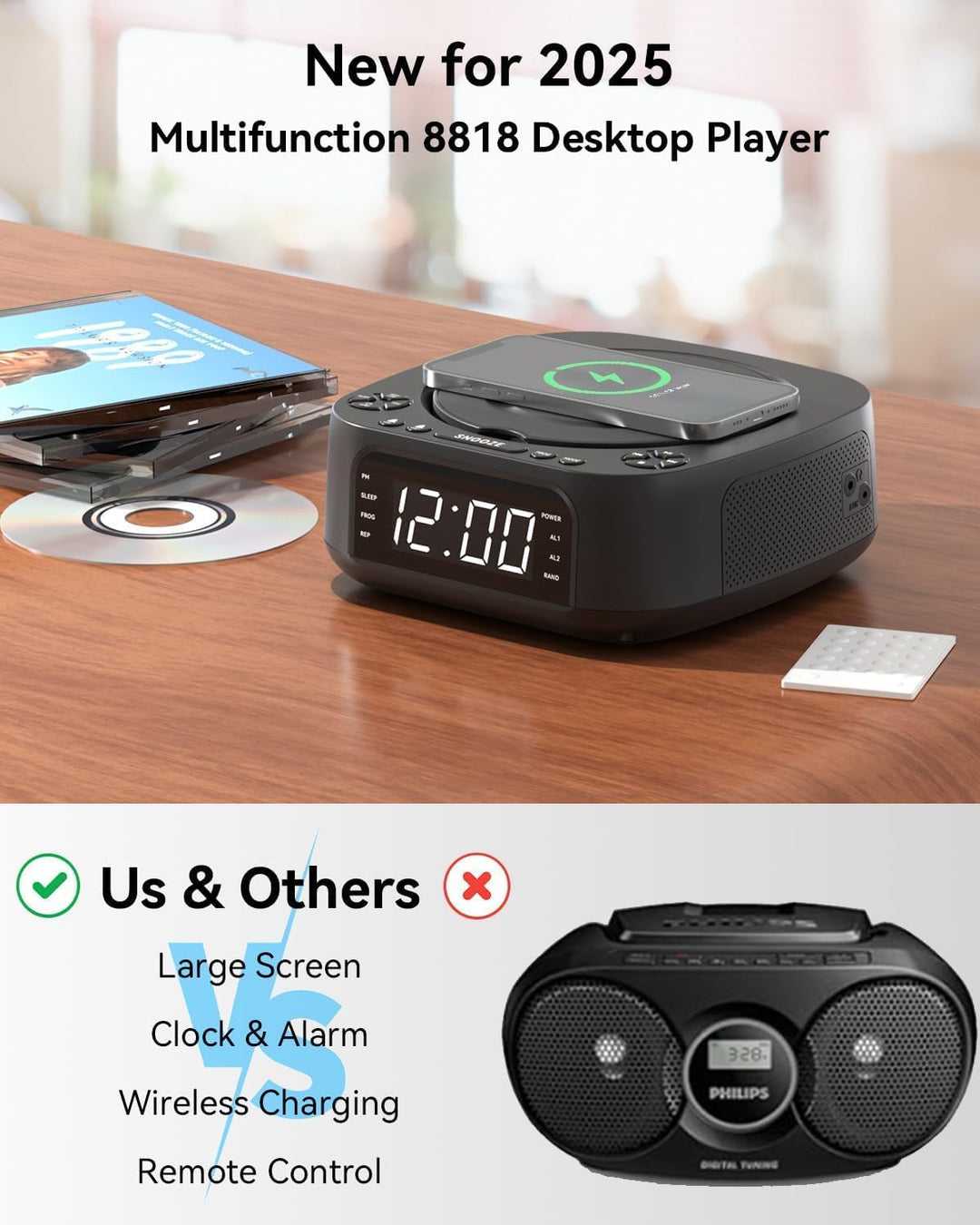 MONODEAL CD Player Tragbar mit Wireless Charger, 2025 Tragbarer CD Player Bluetooth, Wiederaufladbar