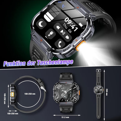 Smartwatch Herren mit Telefonfunktion, 2.0" HD Militär Uhr mit LED Taschenlampe/IP68 Wasserdicht, 10