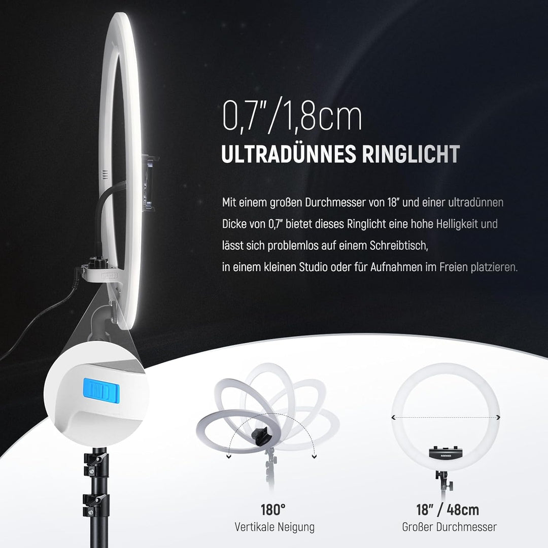 NEEWER Professionelles Ringlicht mit Ständer und Telefonhalter, 18" dünn, 45W 2900K-7000K TLCI98, Fe