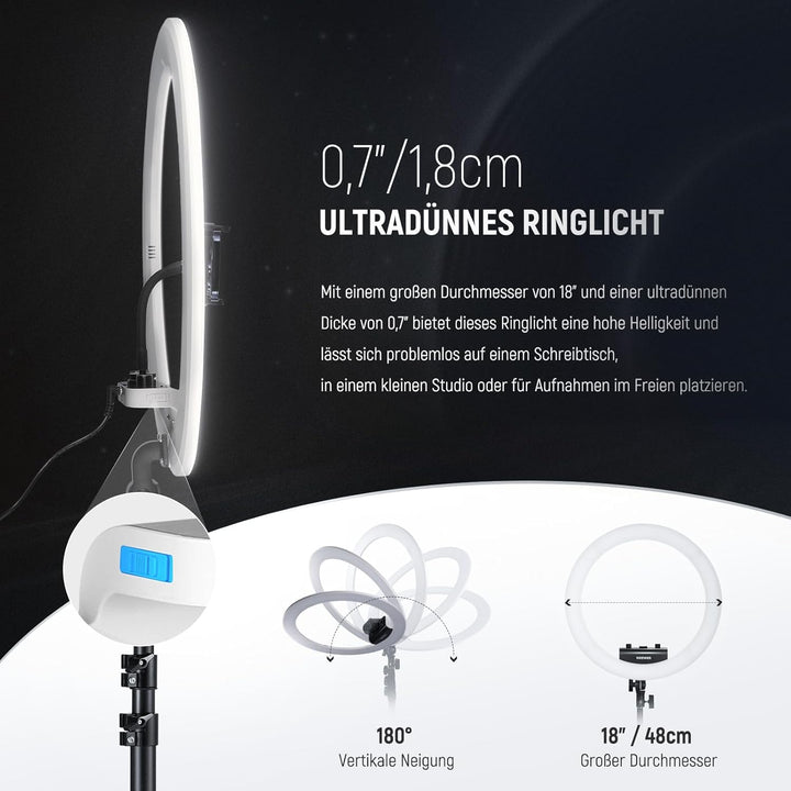 NEEWER Professionelles Ringlicht mit Ständer und Telefonhalter, 18" dünn, 45W 2900K-7000K TLCI98, Fe