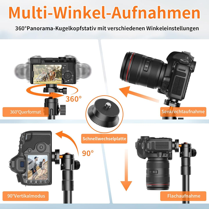 XXZU 180cm Stativ Kamera, Aluminium Handy Stativ mit Tasche, Leichtes Fotostativ mit 360° Kugelkopf