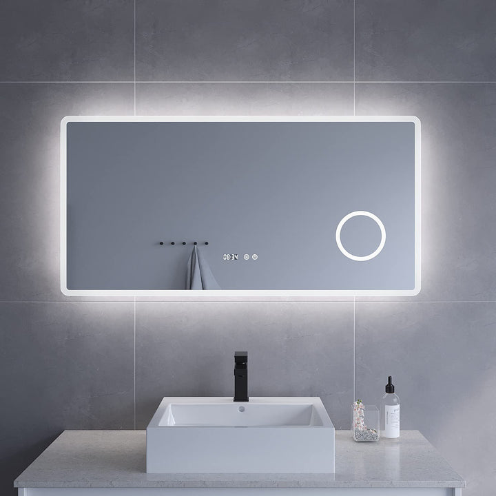 Badezimmerspiegel mit Licht Schminkspiegel Uhrzeit 120x60 cm Badspiegel mit LED Beleuchtung Antibesc