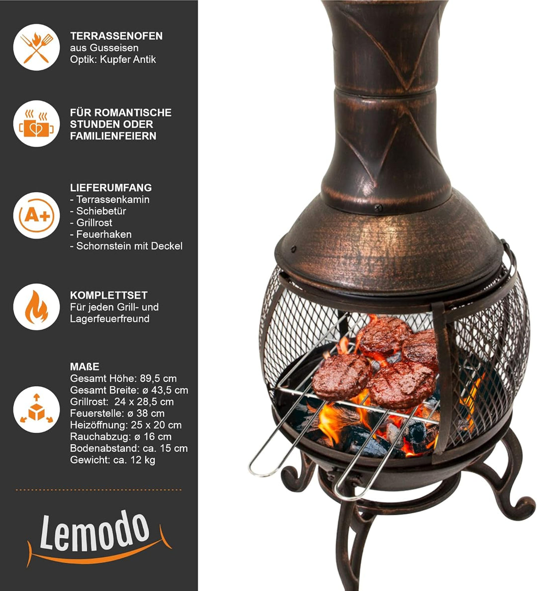 Terrassenofen Gartenkamin mit Grill, Gusseisen, Grillkamin 360° FireView, Funkenschutzgitter, Antik-
