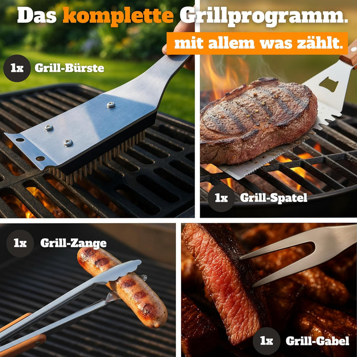Grillset für Männer Geschenk – Grillbesteck Set aus Edelstahl - 3-in-1 Spachtel & Reinigungsbürste –