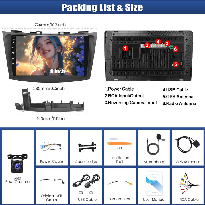 CAMECHO 4+64G 9 Zoll Navi Autoradio für Suzuki Swift 2011-2017 Android 15 mit Rückfahrkamera, Swift