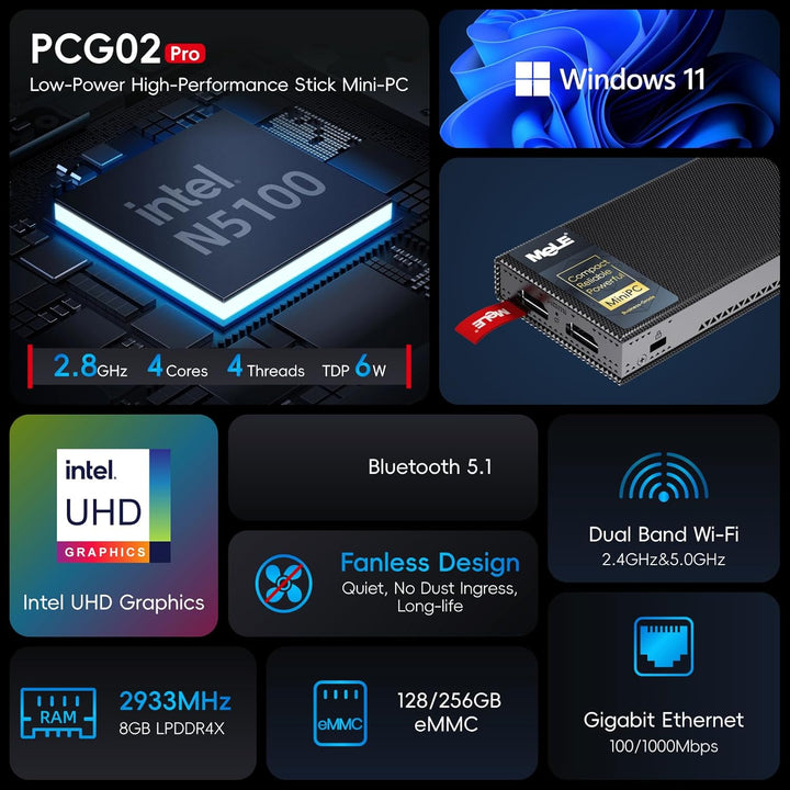 MeLE Lüfterloser Mini-PC-Stick PCG02 Pro N5100, 8 GB RAM, 256 GB Speicher, Micro-Desktop-Computer, D