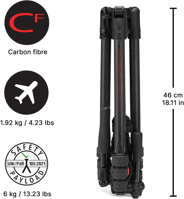 Manfrotto Befree GT PRO Reisestativ aus Kohlefaser, 4-teilig, mit 3-Wege-Schwenk-/Neigekopf, Schwarz
