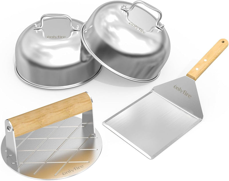 Onlyfire Edelstahl Grillbesteck Set, 4-Teilig Grillkoffer Set mit Runder Burgerpresse, Grillspachtel