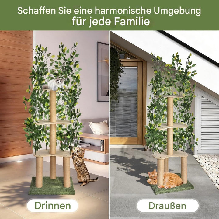 kratzbaums Mit Blättern Aus Holz – Grosser Mehrstöckiger Katzenkratzbaum Mit Sisal-Säulen, Natürlich