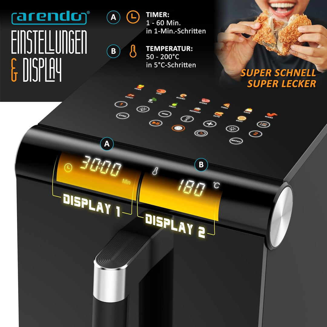 Arendo - Heissluftfritteuse XXL Dual Zone 2 Kammern – 11,4L Kapazität – 2 Zonen – Airfryer Doppelkam