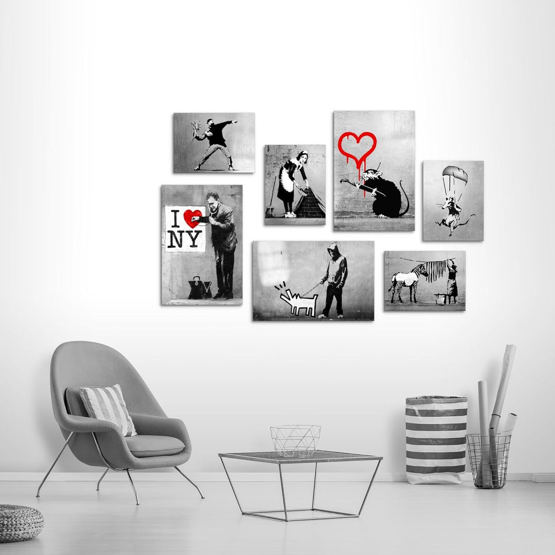 Novart Wandbilder Banksy Collage - KOMPLETT AUFHÄNGFERTIG - Street Art Wohnzimmer Büro - 7 Moderne M