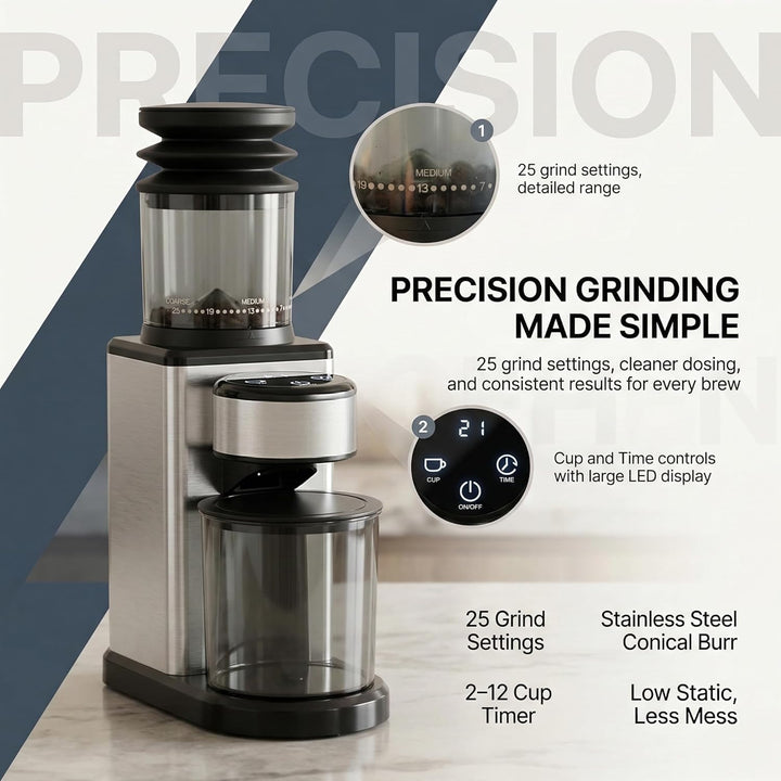 Elektrische Kaffeemühle mit Kegelmahlwerk, 25 Mahlgrade, für Espresso, Filter & Mokka, Leise Kaffeem