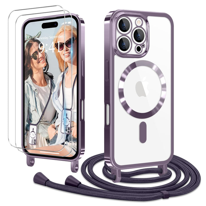 Handyband für iPhone 16 Pro Hülle mit Band + 2 Stück Glas Schutzfolie Transparent Silikon Handyhülle