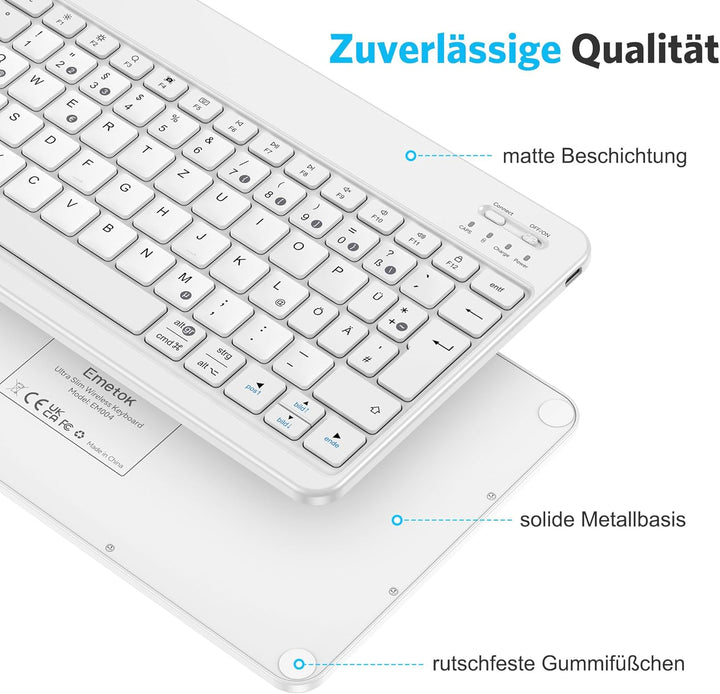 Emetok Deutsche Bluetooth Tastatur für iPad Air/Pro/Mini/10.9/10.2/9.7/iPhone/Android, Vergrösserte
