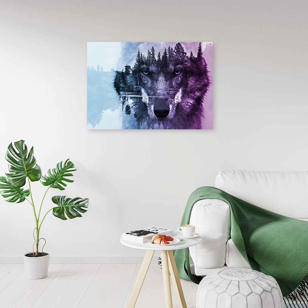Feeby Vlies Leinwandbild Wolf Tier 80x60 cm Wand Bild Kunstdruck Deko Wohnzimmer Wohnungs Deko Wald