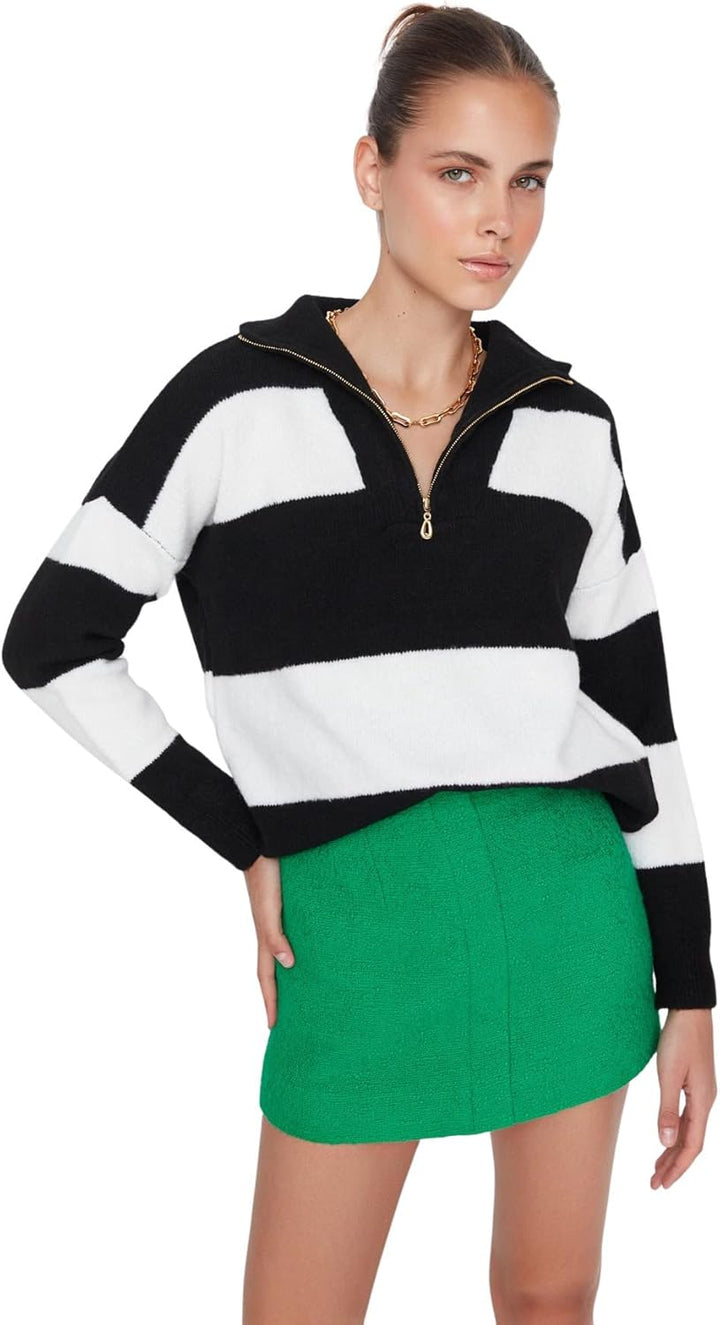 Trendyol Damen Stehkragen gestreift Oversize Sweater Sweatshirt, Schwarz, L
