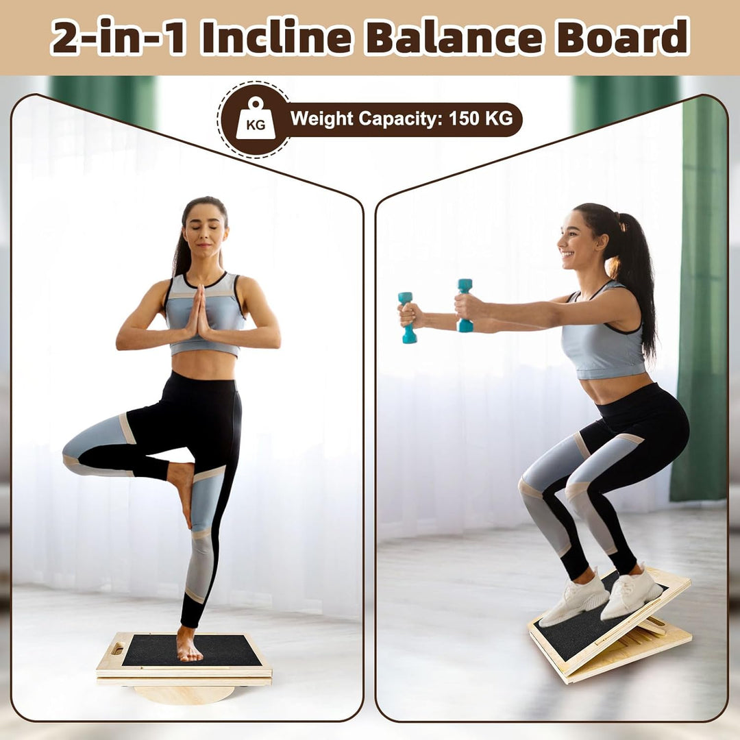 2-in-1 Schrägbrett aus Holz und Balance Board, Verstellbares Wadendehner Slant Board, Rutschfestes B